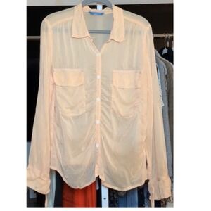 Johnny Was blouse sheer button‎ down Large pale Orange apricot peach pockets